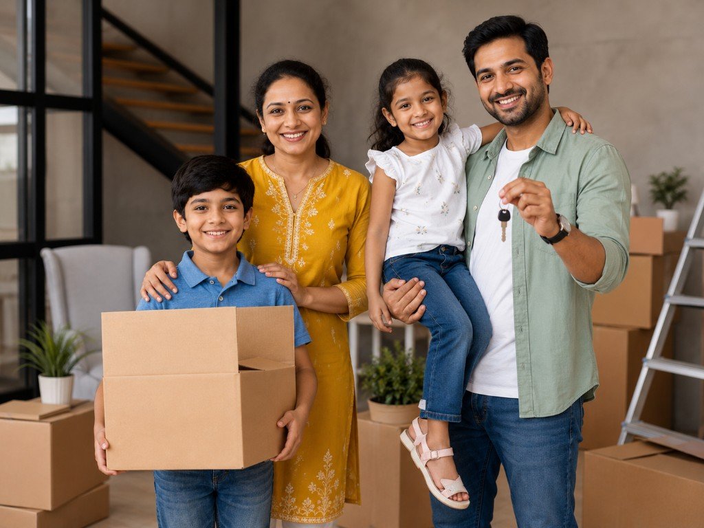 Happy family in their new home